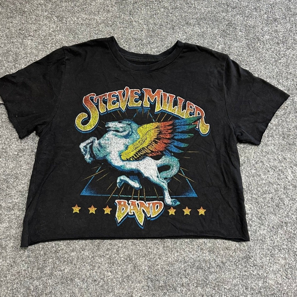 Mad Engine T-Shirt Womens Size M Black Graphic Raw Hem Crop Steve Miller Band